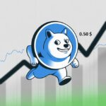 Logo Dogecoin avec graphique haussier et mention ETF