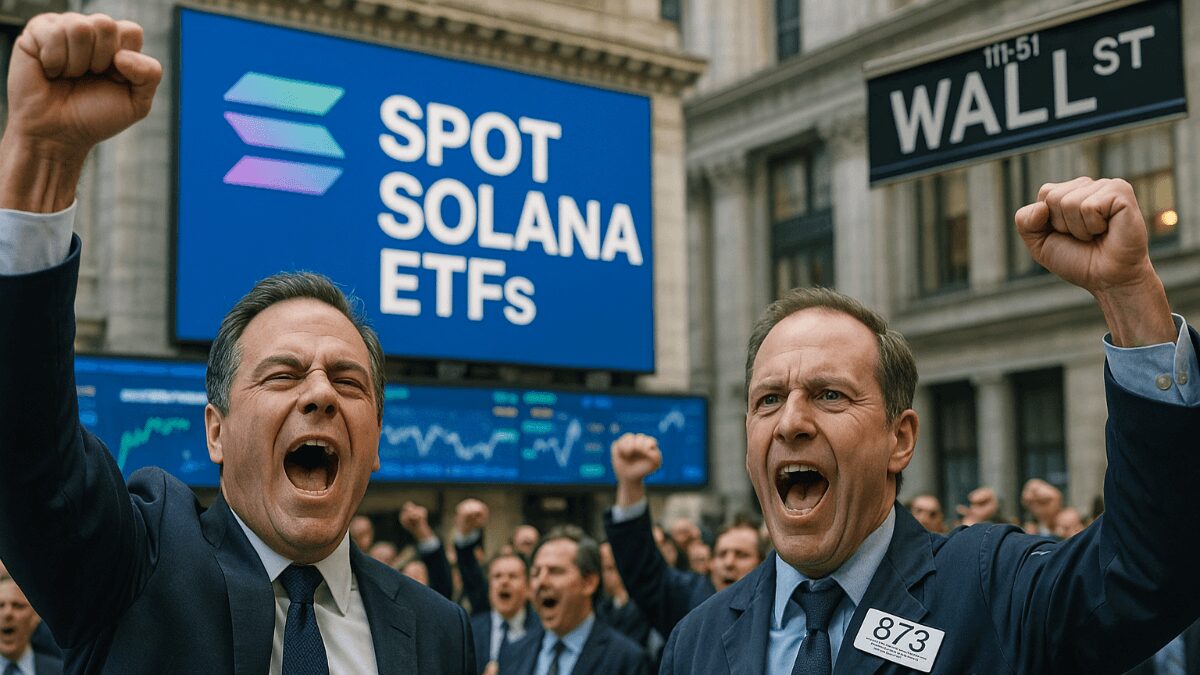 Lancement des premiers ETF spot SOL LTC HBAR sur Wall Street avec logos cryptos et bourse NYSE