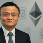 Portrait stylisé de Jack Ma devant un visuel Ethereum et des symboles d’assurance