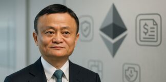 Portrait stylisé de Jack Ma devant un visuel Ethereum et des symboles d’assurance
