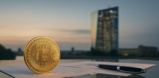 Pièce Bitcoin devant la façade de la BCE à Francfort, lumière douce