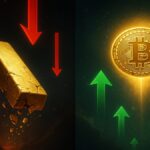 Graphique illustrant la chute de l’or à 6 % et la hausse de Bitcoin à 3,5 % en 2025, avec rotation des actifs crypto.