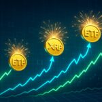 Graphique dynamique montrant la blockchain Solana avec des symboles ETF et des courbes de croissance, illustrant le boom institutionnel en cryptomonnaies.