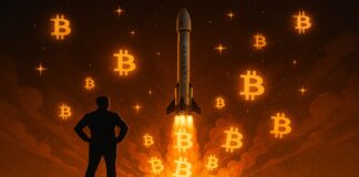 Illustration professionnelle d'un transfert de Bitcoin par SpaceX, avec Elon Musk et graphiques crypto