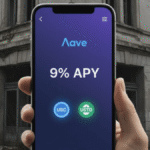 L'application mobile Aave (Aave App) sur un smartphone, montrant les rendements DeFi (9% APY).