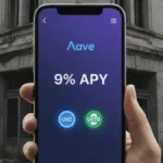 Aave Lance son Application Mobile : la DeFi (9% APY) sur iOS et Android L'application mobile Aave (Aave App) sur un smartphone, montrant les rendements DeFi (9% APY).