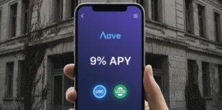 L'application mobile Aave (Aave App) sur un smartphone, montrant les rendements DeFi (9% APY).