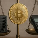 Une photo conceptuelle d'une balance comparant MicroStrategy (MSTR, un serveur) et Coinbase (COIN, un terminal de paiement), avec le Bitcoin (BTC) au centre, symbolisant le choix des actions crypto en 2025.