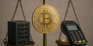 Une photo conceptuelle d'une balance comparant MicroStrategy (MSTR, un serveur) et Coinbase (COIN, un terminal de paiement), avec le Bitcoin (BTC) au centre, symbolisant le choix des actions crypto en 2025.